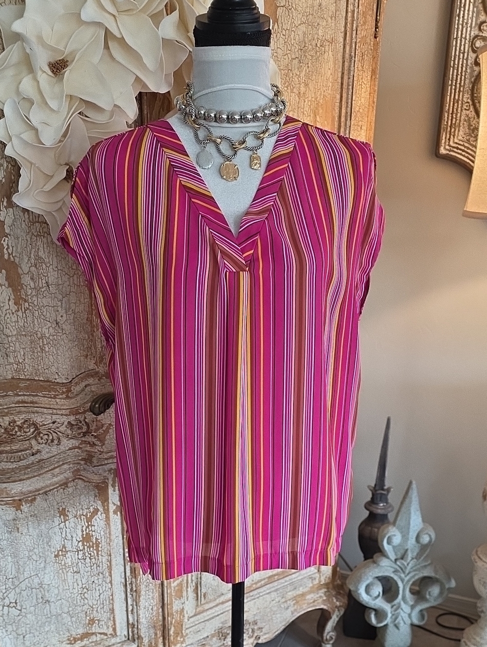 Worthington Pink Multistripe V-Neck Blouse